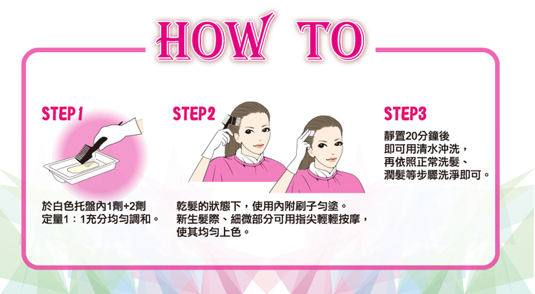 於白色托盤內1劑+2劑,定量1:1充分均勻調和。乾髮的狀態下,使用內附刷子勻塗。新生髮際、細微部分可用指尖輕輕按摩,使其均勻上色。靜置20分鐘後,即可用清水沖洗,再依照正常洗髮、潤髮等步驟洗淨即可。