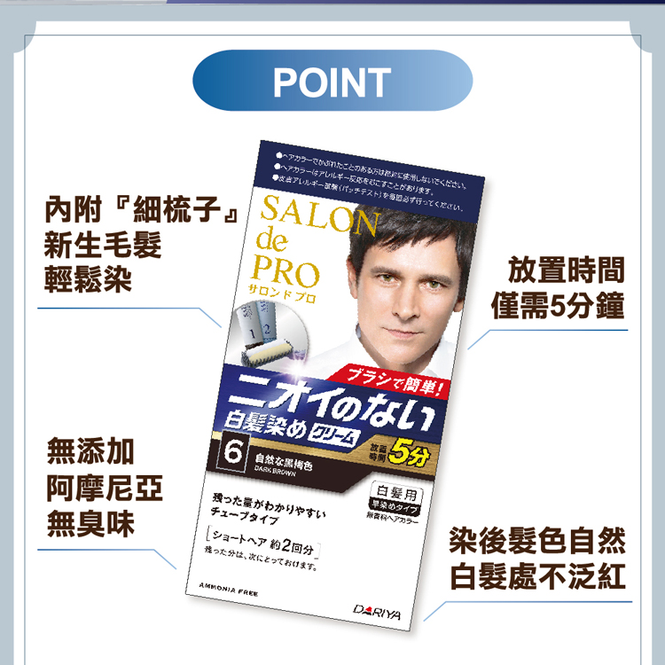 ●ヘアカラーでかぶれに使用しないでください。●アレルギー試験(パッチテスト)を必ず行ってください。內附細梳子 SALONE，新生毛髮，輕鬆染，サロンドプロ，ニオイのない，白髪染めクリーム，45分，無添加，阿摩尼亞，無臭味，6 自然交黑褐色，残った量が