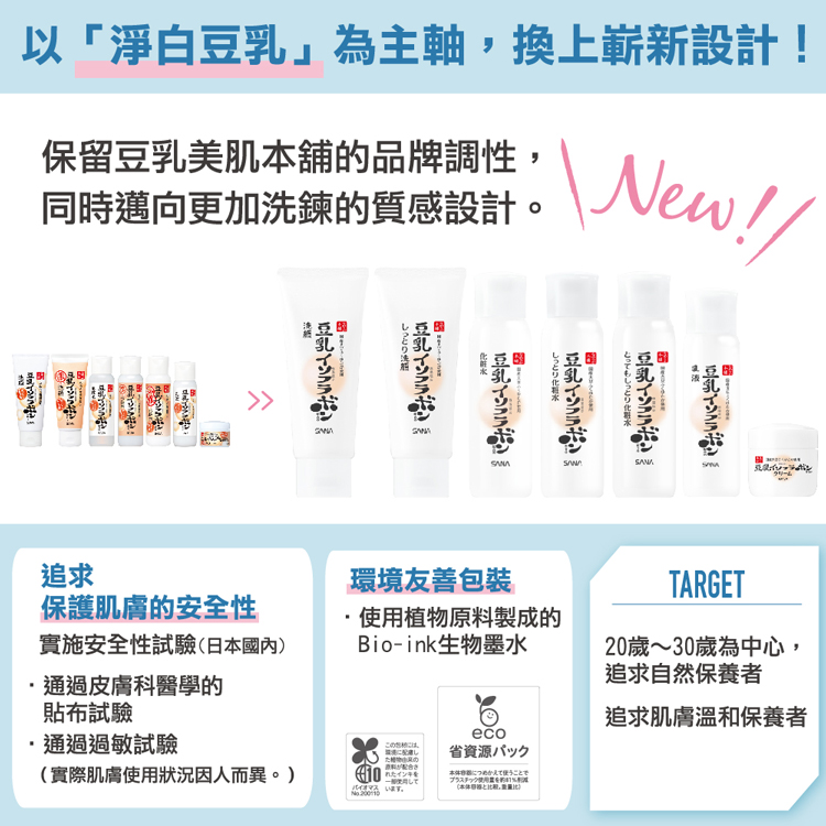 以淨白豆乳為主軸,換上嶄新設計!保留豆乳美肌本舖的品牌調性,同時邁向更加洗鍊的質感設計。保護肌膚的安全性，實施安全性試驗(日本國內)，通過皮膚科醫學的，貼布試驗，·通過過敏試驗，環境友善包裝，·使用植物原料製成的，Bio-ink生物墨水，この世には、