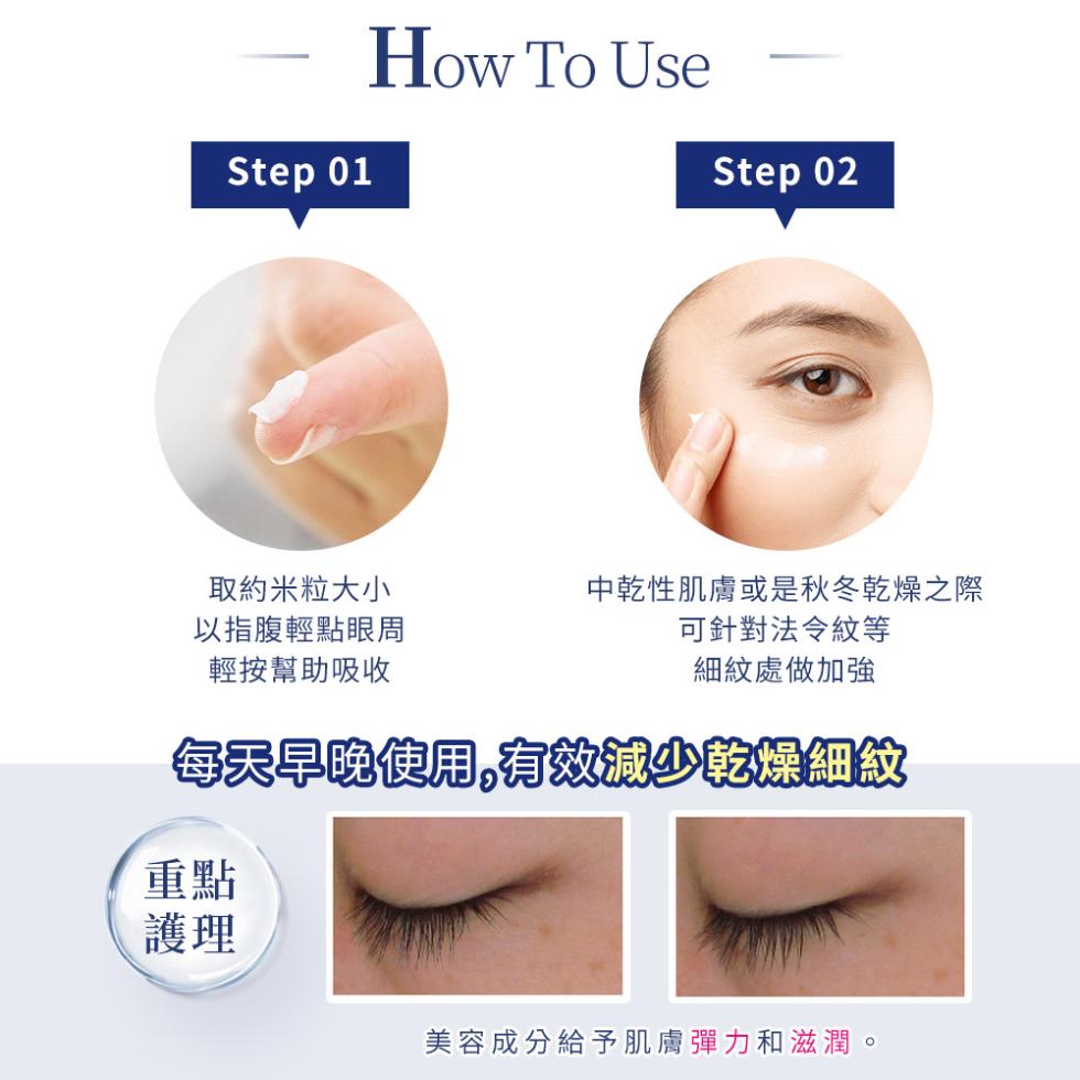取約米粒大小，以指腹輕點眼周，中乾性肌膚或是秋冬乾燥之際，可針對法令紋等，輕按幫助吸收，細紋處做加強，每天早晚使用,有效減少乾燥細紋，美容成分給予肌膚彈力和滋潤。