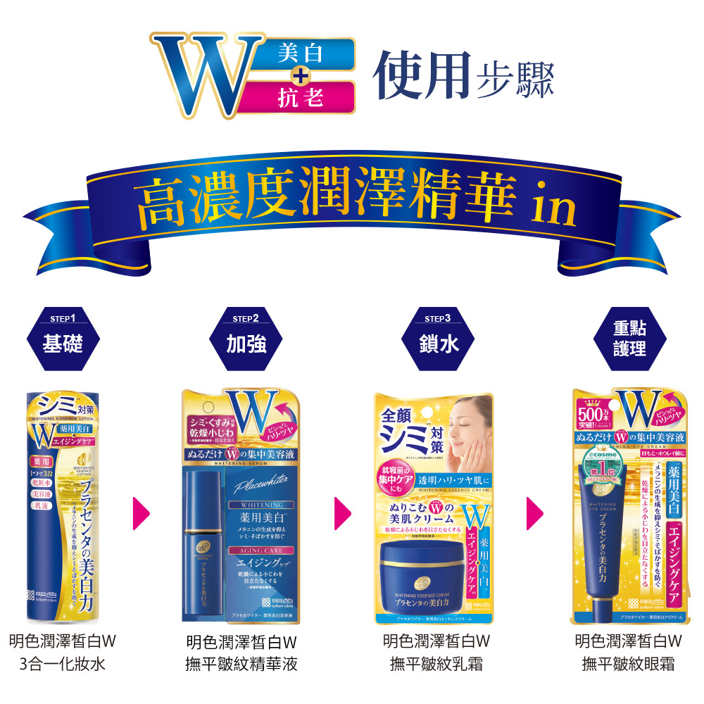 W 使用步驟，高濃度潤澤精華 in，シミ対策，【葉用美白，エイジングケア，【葉用]，【化能水，【美容液，乳液)，センタの美大，明色潤澤皙白W，3合一化妝水，シミ・くすみ，乾燥小じわ，11立たなく，ピンッと，シミ 薬，ぬるだけ W の集中美容液，藥用美