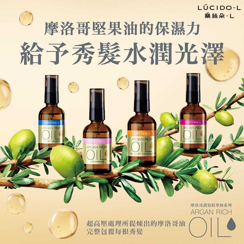 摩洛哥堅果油的保濕力，LÚCIDO-L，樂絲朵-L，給予秀髮水潤光澤，LÚCIDO-L，LÚCIDO-L，超高壓處理所提煉出的摩洛哥油，完整包覆每根秀髮，摩洛哥護髮精華油系列。