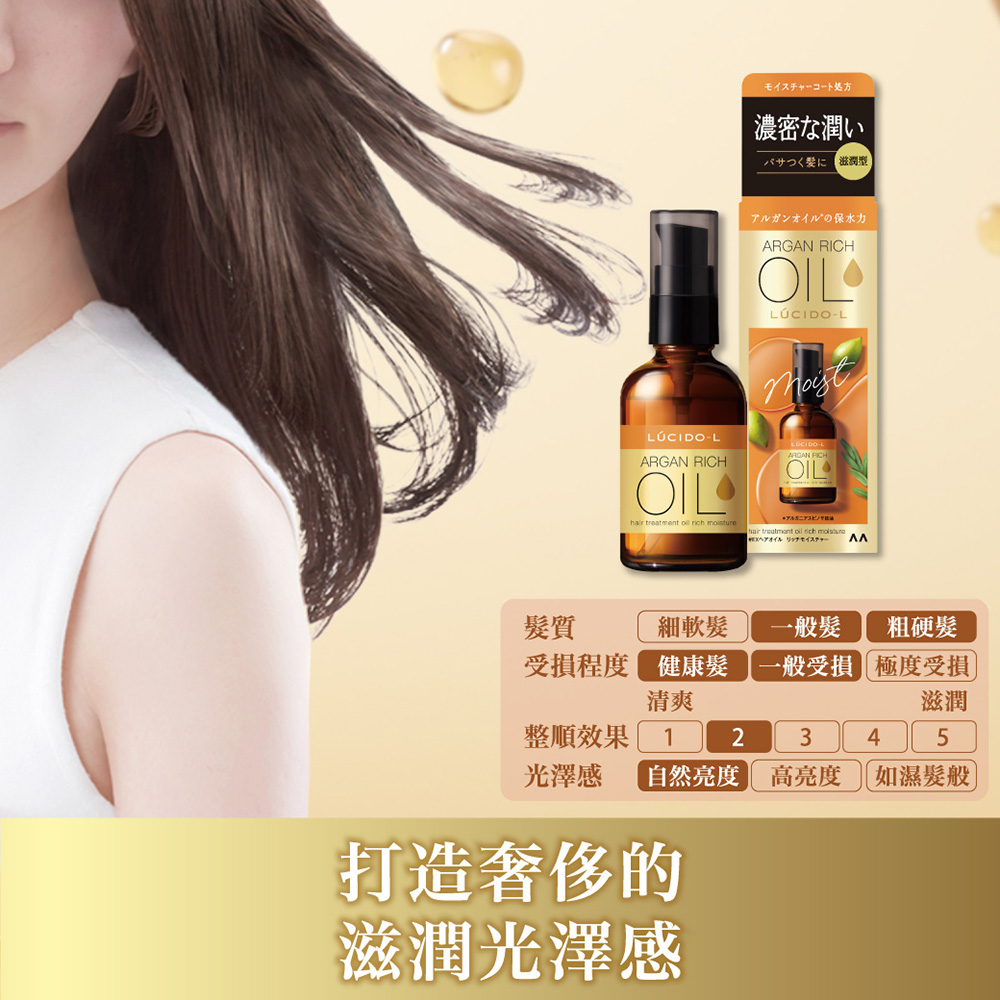 乇亻又于ㄔㄧ口卜処方，濃密な潤い，パサつく髪に，滋潤型，アルガンオイルの保水力，LÚCIDO-L，LÚCIDO-L，リッチモイスチャー，細軟髮，一般髮 粗硬髮，受損程度，健康髮，一般受損極度受損，整順效果，光澤感，自然亮度高亮度 如濕髮般，打造奢侈的