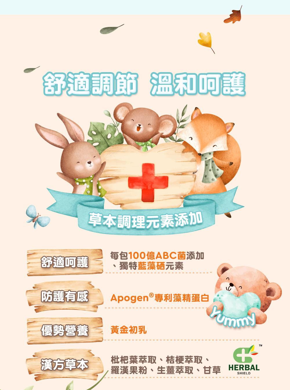 舒適調節 溫和呵護，草本調理元素添加，舒適呵護，每包100億ABC菌添加，獨特藍藻硒元素，防護有感，Apogen ®專利藻精蛋白，優勢營養，黃金初乳，漢方草本，枇杷葉萃取、桔梗萃取、羅漢果粉、生薑萃取、甘草 HERBAL。