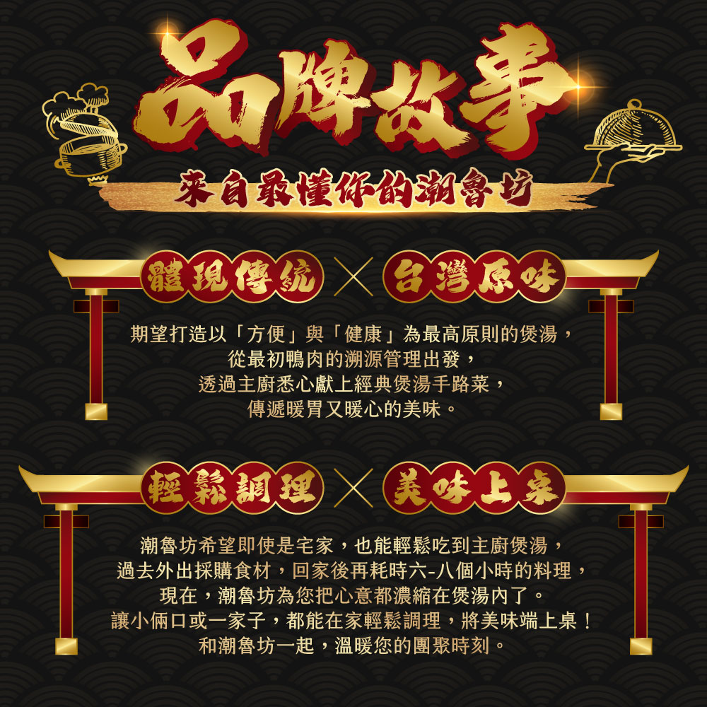 品牌故事，來自最懂你的潮會坊，體現傳統台灣原味，期望打造以方便與健康為最高原則的煲湯,從最初鴨肉的溯源管理出發,透過主廚悉心獻上經典煲湯手路菜,傳遞暖胃又暖心的美味。【輕鬆調理美味上桌，潮魯坊希望即使是宅家,也能輕鬆吃到主廚煲湯,過去外出採購食材,回