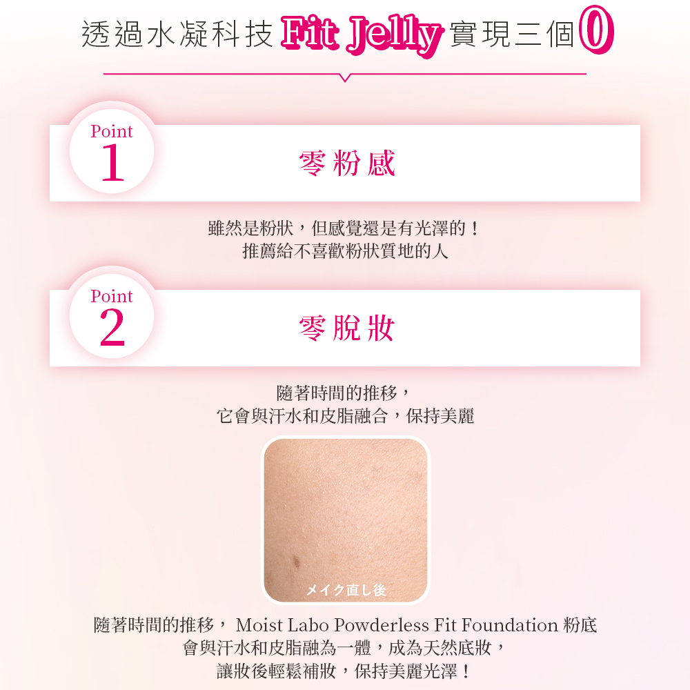 透過水凝科技 Fit Jelly 實現三個 0,零粉感,雖然是粉狀,但感覺還是有光澤的!推薦給不喜歡粉狀質地的人,零脫妝,隨著時間的推移,它會與汗水和皮脂融合,保持美麗,メイク直し後,隨著時間的推移, Moist Labo Powderless Fi