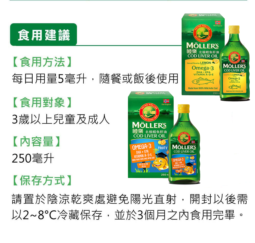 食用建議，【食用方法】，每日用量5毫升,隨餐或飯後使用，【食用對象】，3歲以上兒童及成人，MÖLLER'S，MÖLLER'S，睦樂 北極鱈魚肝油，DHA、EPA，MÖLLER'S，【内容量】，250毫升，【保存方式】，睦樂 北極鱈魚肝油，FRUITY