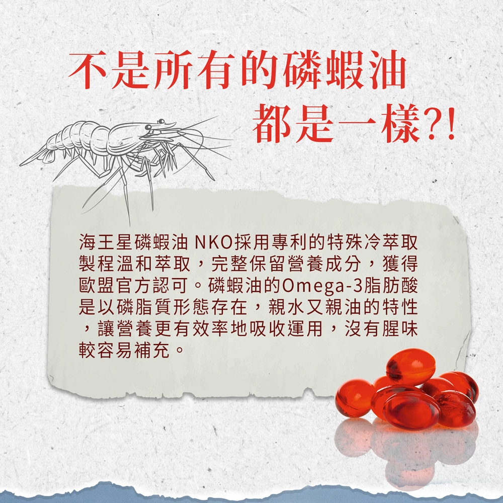 不是所有的磷蝦油,都是一樣?!海王星磷蝦油 NKO採用專利的特殊冷萃取,製程溫和萃取,完整保留營養成分,獲得,歐盟官方認可。磷蝦油的Omega-3脂肪酸,是以磷脂質形態存在,親水又親油的特性,讓營養更有效率地吸收運用,沒有腥味,較容易補充。