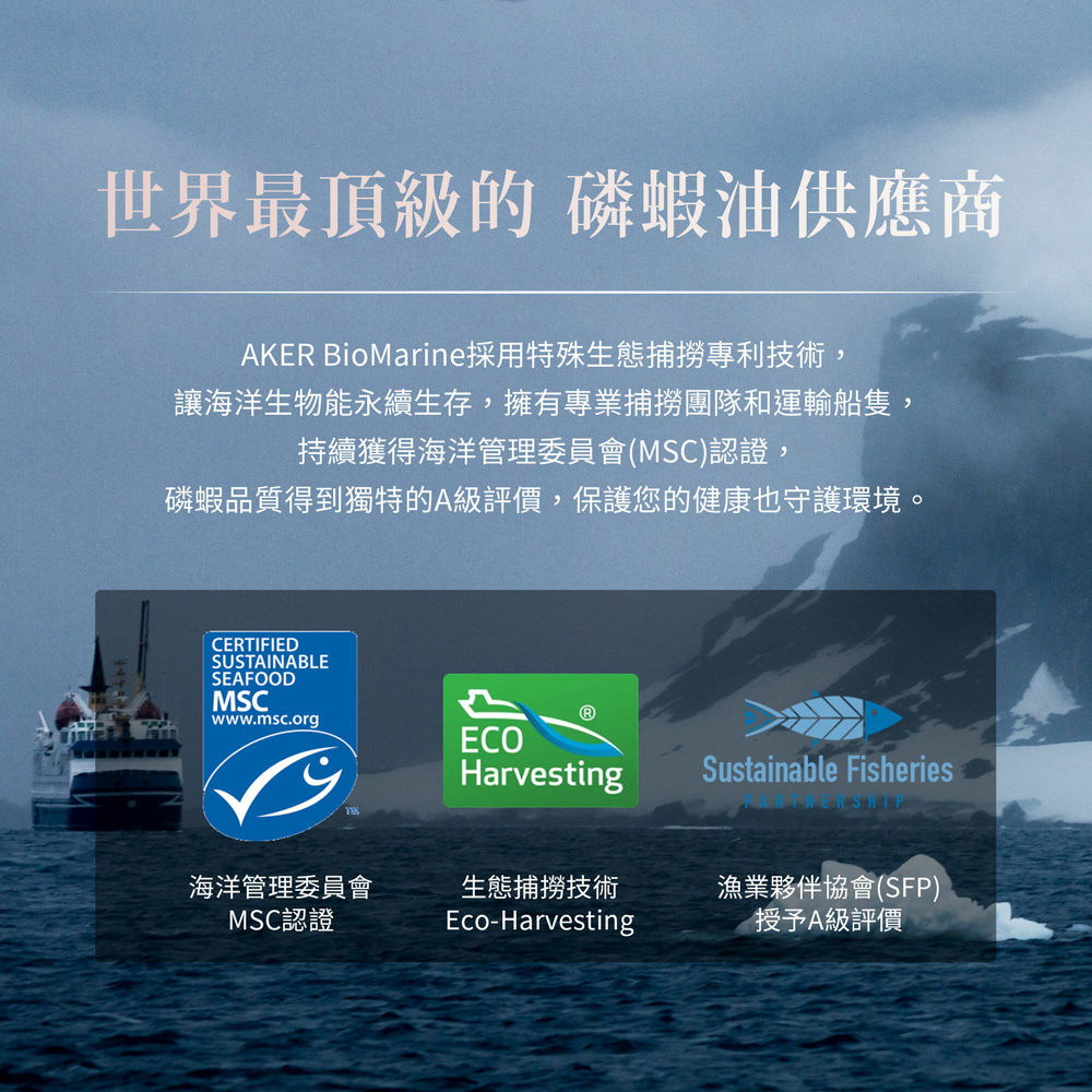 世界最頂級的 磷蝦油供應商,AKER BioMarine採用特殊生態捕撈專利技術,讓海洋生物能永續生存,擁有專業捕撈團隊和運輸船隻,持續獲得海洋管理委員會(MSC)認證,磷蝦品質得到獨特的A級評價,保護您的健康也守護環境。海洋管理委員會,生態捕撈技術