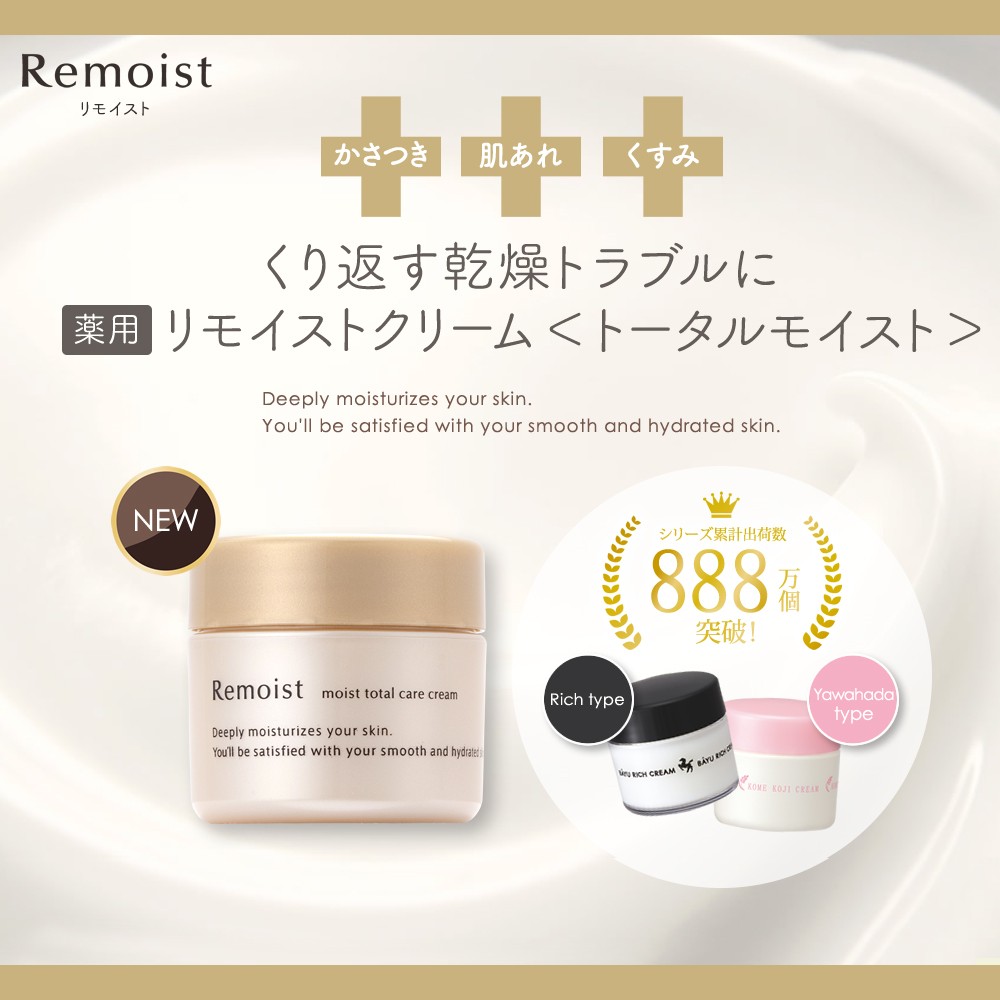 リモイスト，かさつき 肌あれ，くすみ，くり返す乾燥トラブルに，薬用リモイストクリーム<トータルモイスト>，シリーズ累計出荷数，突破!。