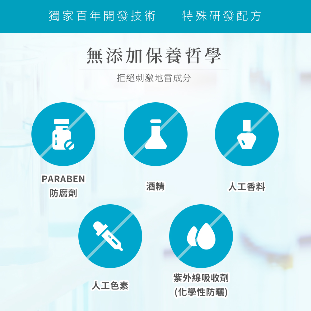 獨家百年開發技術 特殊研發配方，無添加保養哲學，拒絕刺激地雷成分，人工香料，防腐劑，紫外線吸收劑，人工色素，(化學性防曬)。