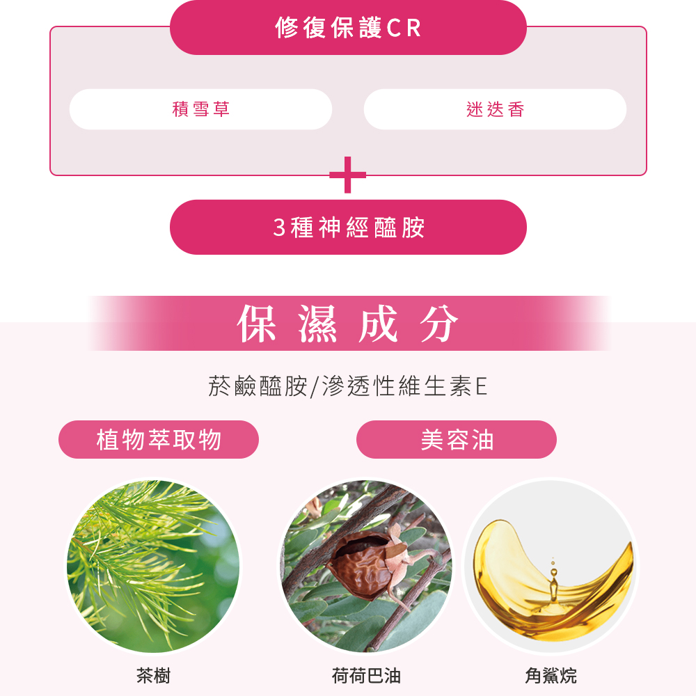 積雪草,修復保護CR,迷迭香,3種神經醯胺,保濕成分,菸鹼醯胺∕滲透性維生素E,植物萃取物,美容油,荷荷巴油,角鯊烷。