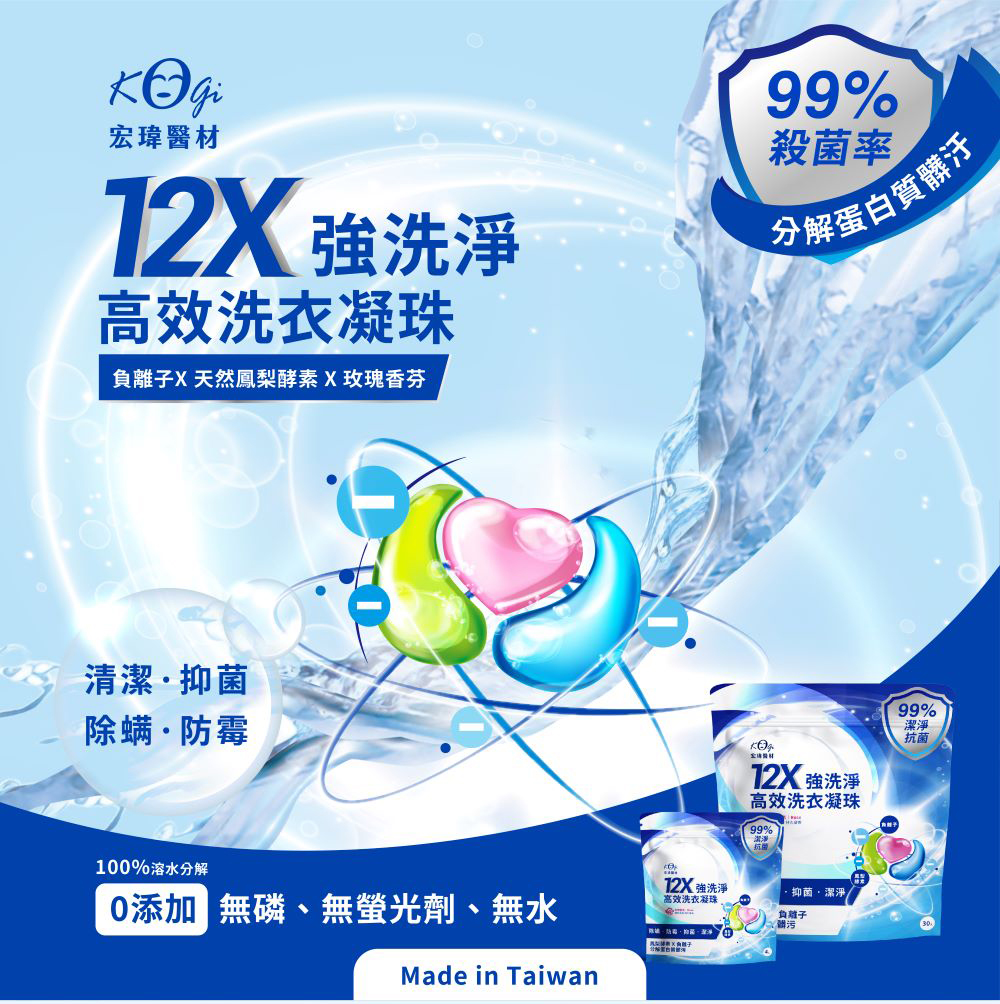 宏瑋醫材，12X 強洗淨，高效洗衣凝珠，負離子X天然鳳梨酵素X玫瑰香芬，殺菌率，分解蛋白質髒汙，清潔·抑菌，除螨·防霉，12X 強洗淨，高效洗衣凝珠，100%溶水分解，[0添加 無磷、無螢光劑、無水，12X 強洗淨，高效洗衣凝珠，·抑菌、潔淨，負鹅子