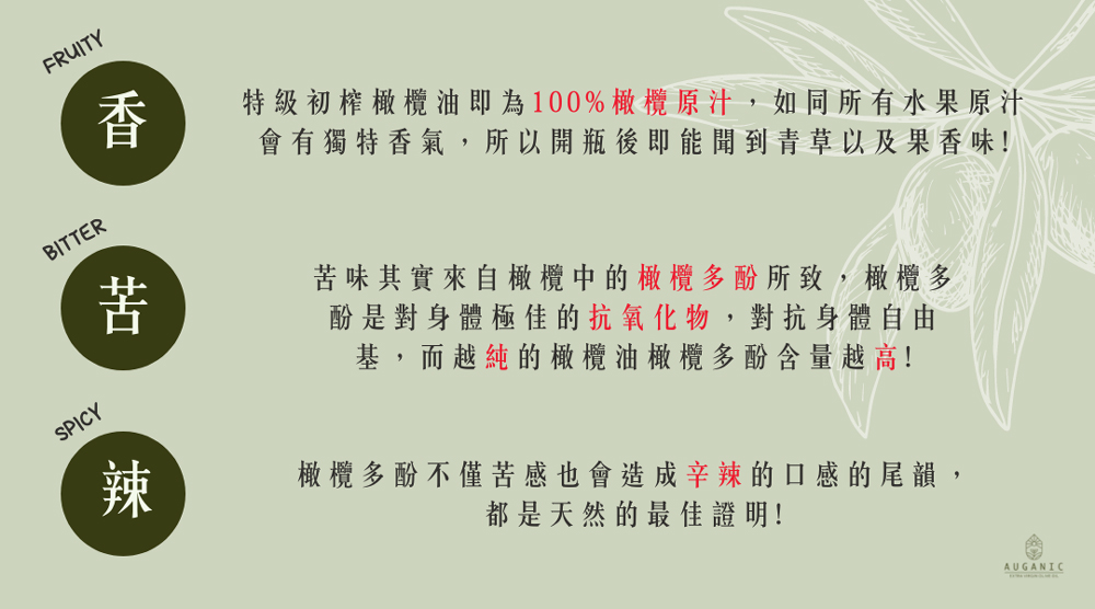 特級初榨橄欖油即為100%橄欖原汁,如同所有水果原汁，會有獨特香氣,所以開瓶後即能聞到青草以及果香味!苦味其實來自橄欖中的橄欖多酚所致,橄欖多，酚是對身體極佳的抗氧化物,對抗身體自由，基,而越純的橄欖油橄欖多酚含量越高!橄欖多酚不僅苦感也會造成辛辣的