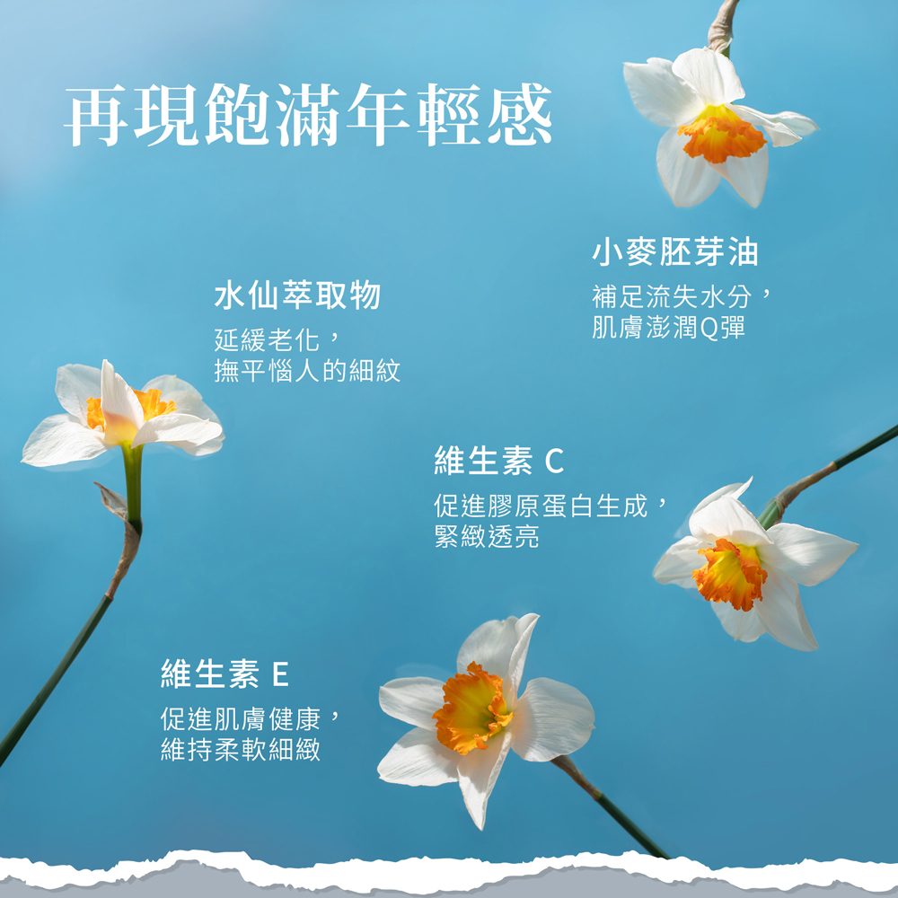 再現飽滿年輕感,小麥胚芽油,水仙萃取物,延緩老化,補足流失水分,肌膚澎潤Q彈,撫平惱人的細紋,維生素E,促進肌膚健康,維持柔軟細緻,維生素C,促進膠原蛋白生成,緊緻透亮。