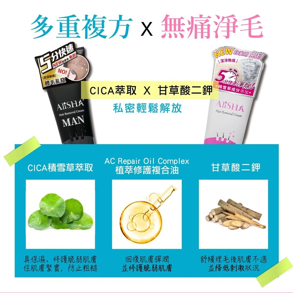 多重複方x無痛淨毛，5分快速，INEW日本用免刮，[潔淨無痕/，體毛亂竄，CICA萃取 X 甘草酸二鉀，私密輕鬆解放，自家用免刮，\潔淨無痕/，5淨除!積雪草成分添加•，CICA積雪草萃取，植萃修護複合油，甘草酸二鉀，具保濕、修護脆弱肌膚，住肌膚緊實