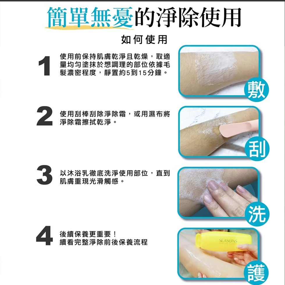 簡單無憂的淨除使用，如何使用，使用前保持肌膚乾淨且乾燥,取適，量均勻塗抹於想調理的部位依據毛，髮濃密程度,靜置約5到15分鐘。使用刮棒刮除淨除霜,或用濕布將，淨除霜擦拭乾淨。以沐浴乳徹底洗淨使用部位,直到，肌膚重現光滑觸感。後續保養更重要!續看完整淨