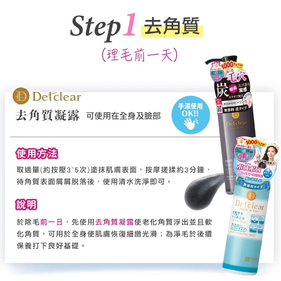 Step1 去角質,(理毛前一天),去角質凝露 可使用在全身及臉部,手濕使用,【使用方法,1000万只野,もっと,スゴ落ち,スクラブ配合,無香料 炭タイプ,取適量(約按壓3~5次)塗抹肌膚表面,按摩搓揉約3分鐘,待角質表面屑屑脫落後,使用清水洗淨即可
