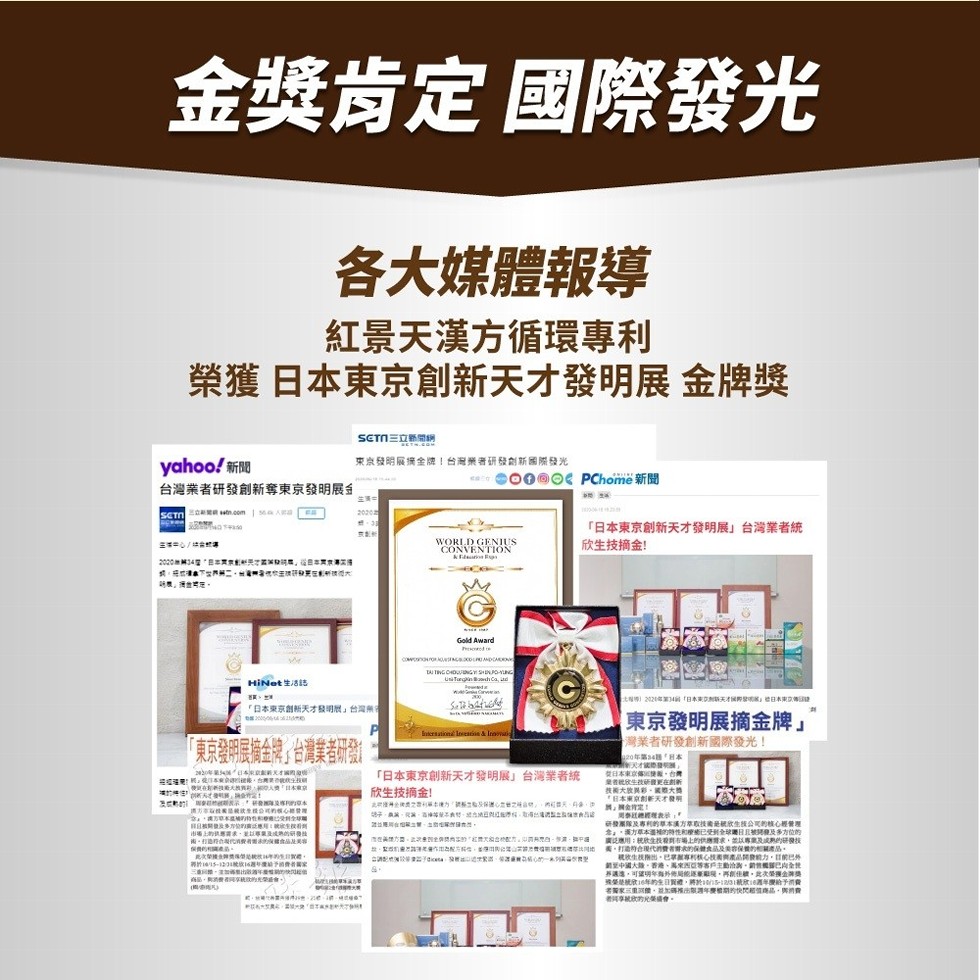 金獎肯定 國際發光,各大媒體報導,紅景天漢方循環專利,榮獲 日本東京創新天才發明展金牌獎,SETN三立新間網,yahoo! 新聞,東京發明展摘金牌!台灣業者研發創新國際發光,cai000000 PChome 新聞,台灣業者研發創新奪東京發明展金,20