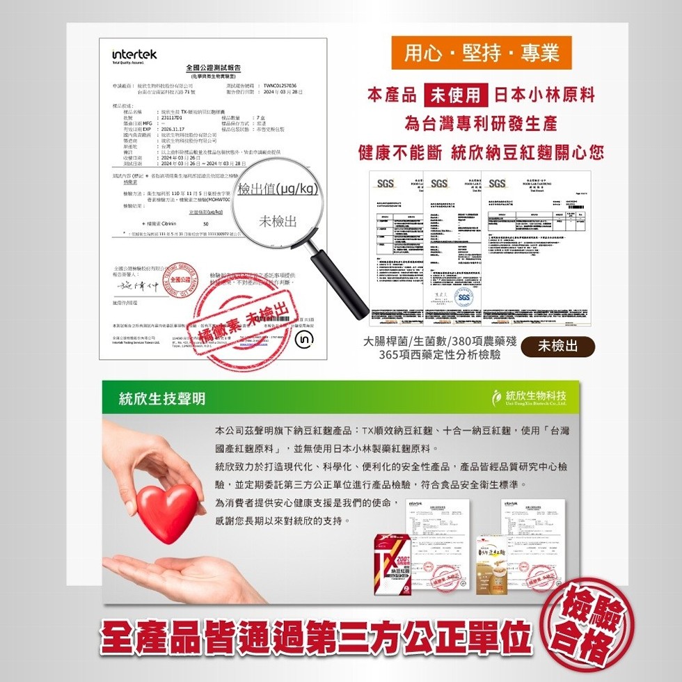 全國公證測試報告,申請表: 統欣生物药股份有限公司,台南南科70路74號,能告發行日期:2024年3月28日,樣品名稱,2號:精品包裝狀態,國內負責廠):欣生物科技園份有限公司,进欣生物科技园份有限公司,用心·堅持·專業,本產品未使 日本小林原料,為