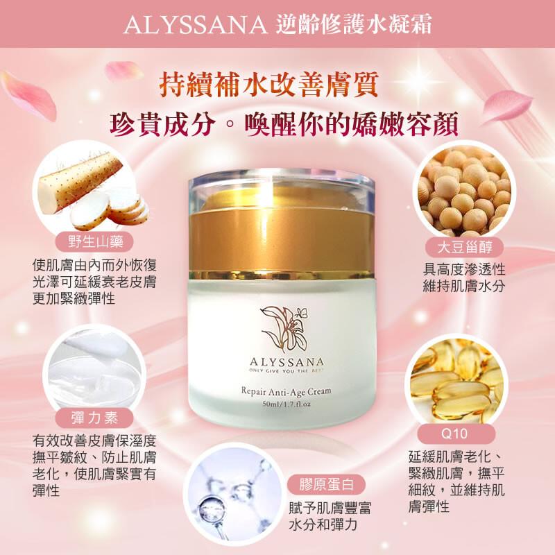 ALYSSANA 逆齡修護水凝霜，持續補水改善膚質，珍貴成分。喚醒你的嬌嫩容顏，野生山藥，使肌膚由內而外恢復，光澤可延緩衰老皮膚，更加緊緻彈性，彈力素，有效改善皮膚保溼度，撫平皺紋、防止肌膚，老化,使肌膚緊實有，膠原蛋白，賦予肌膚豐富，水分和彈力，大