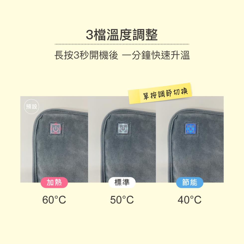 (預設，3檔溫度調整，長按3秒開機後 一分鐘快速升溫，60°C，50°C，單按調節切換，40°C。