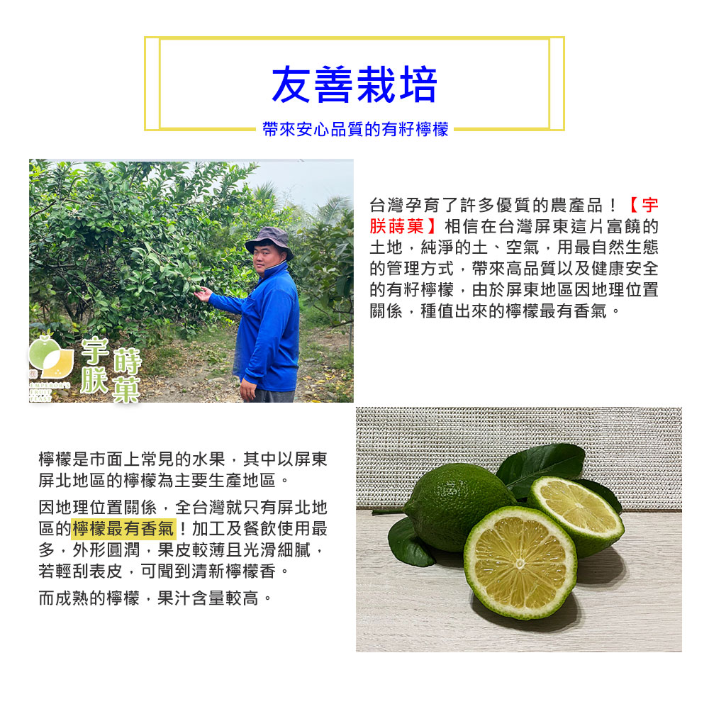 友善栽培,帶來安心品質的有籽檸檬,檸檬是市面上常見的水果,其中以屏東,屏北地區的檸檬為主要生產地區。因地理位置關係,全台灣就只有屏北地,區的檸檬最有香氣!加工及餐飲使用最,多,外形圓潤,果皮較薄且光滑細膩,若輕刮表皮,可聞到清新檸檬香。而成熟的檸檬,