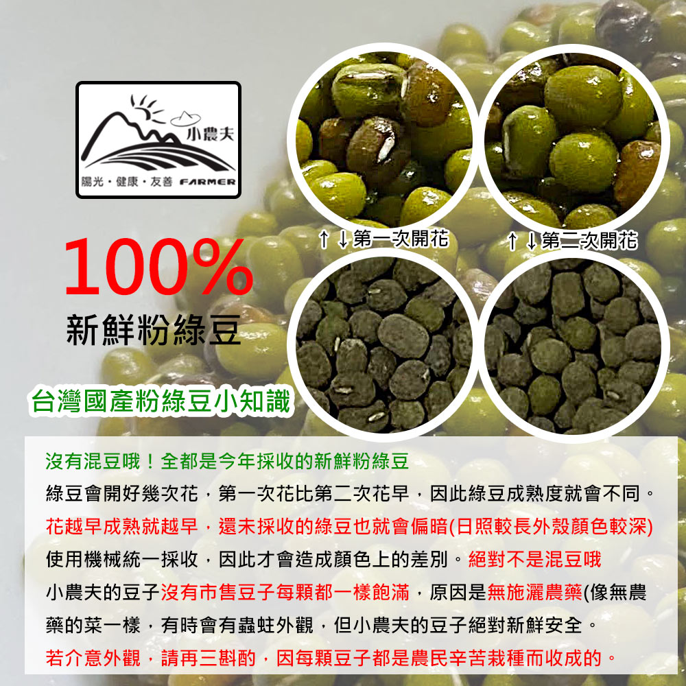 小農夫,陽光・健康•友善 FARMER,新鮮粉綠豆,台灣國產粉綠豆小知識,↑↓第一次開花,↑↓第二次開招,沒有混豆哦!全都是今年採收的新鮮粉綠豆,綠豆會開好幾次花,第一次花比第二次花早,因此綠豆成熟度就會不同。花越早成熟就越早,還未採收的綠豆也就會偏