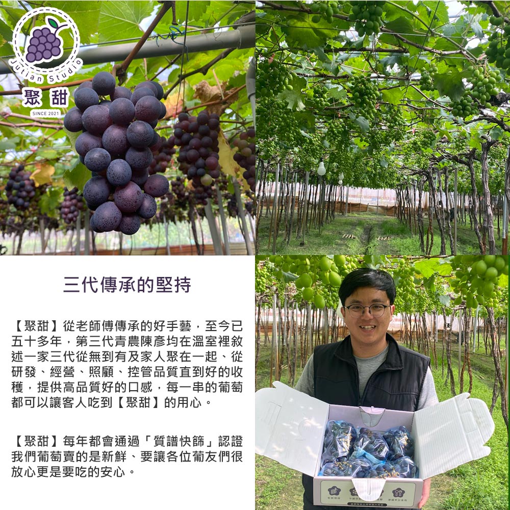 聚甜ˊˋ，三代傳承的堅持，【聚甜】從老師傅傳承的好手藝,至今已，五十多年,第三代青農陳彥均在溫室裡敘，述一家三代從無到有及家人聚在一起、從，研發、經營、照顧、控管品質直到好的收，穫,提供高品質好的口感,每一串的葡萄，都可以讓客人吃到【聚甜】的用心。【