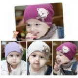 【艾佳】（套頭帽 ）韓國新款 小熊繡花全棉兒童帽子0-3歲