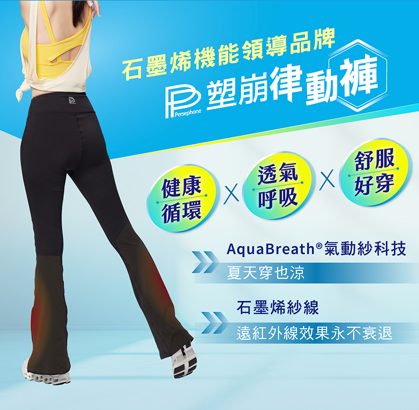 石墨烯機能領導品牌，P塑崩律動褲，AquaBreath®氣動紗科技，夏天穿也涼，石墨烯紗線，遠紅外線效果永不衰退。