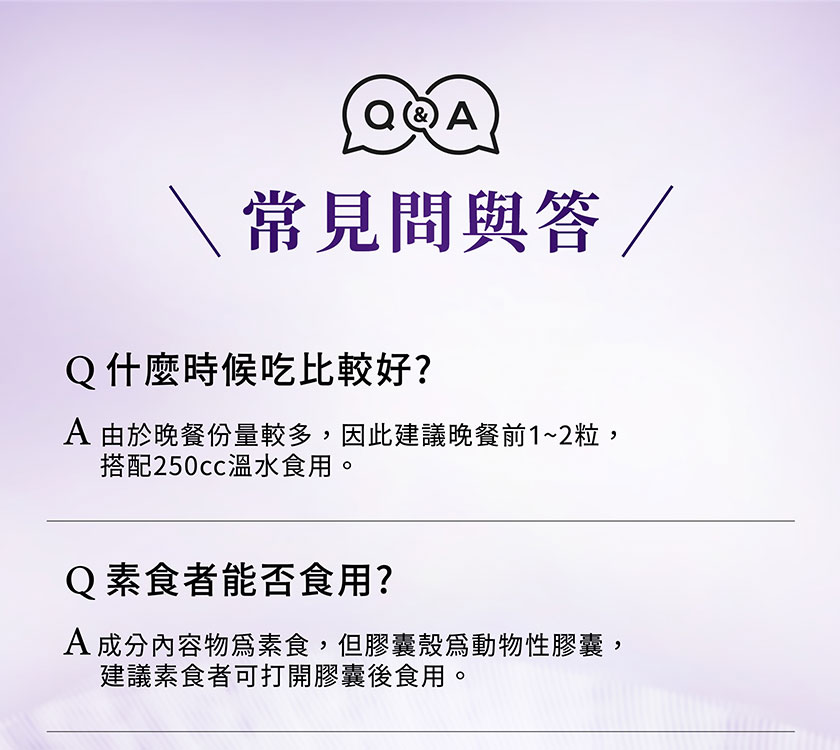 常見問與答/，Q什麼時候吃比較好?A 由於晚餐份量較多,因此建議晚餐前1~2粒,搭配250cc溫水食用。Q素食者能否食用?A成分內容物爲素食,但膠囊殼爲動物性膠囊,建議素食者可打開膠囊後食用。