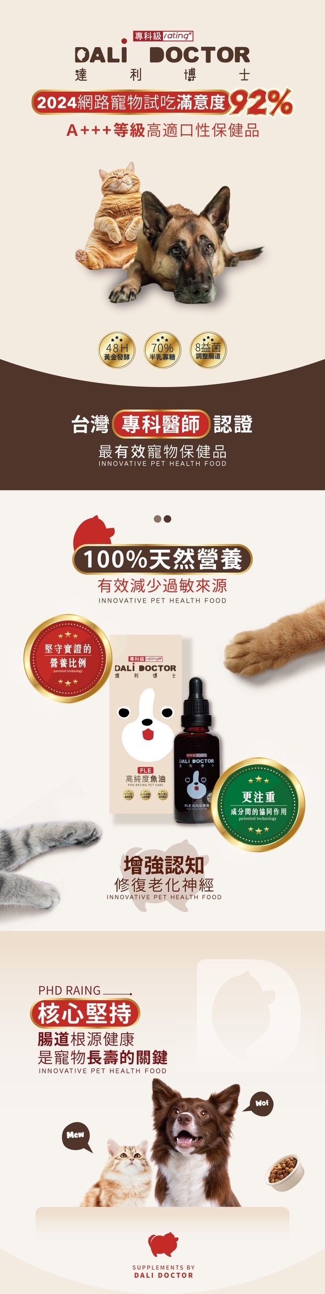 專科級 relineg，2024網路寵物試吃滿意度92%，A+++等級高適口性保健品，8益菌，\黃金發酵，半乳寡糖，調整腸道，台灣專科醫師認證，最有效寵物保健品，100%天然營養，有效減少過敏來源，堅守實證的，營養比例，達利博士，高純度魚油，更注重，