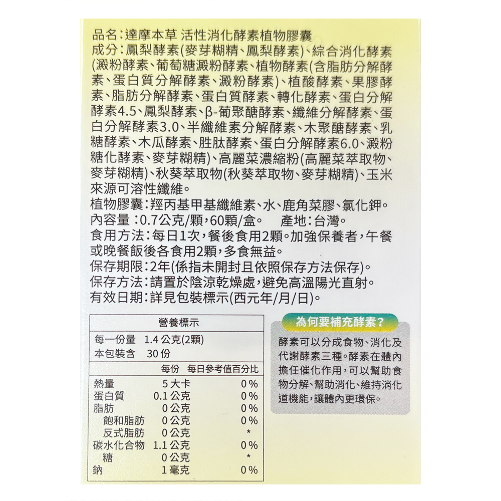 品名:達摩本草活性消化酵素植物膠囊,成分:鳳梨酵素(麥芽糊精、鳳梨酵素)、綜合消化酵素,(澱粉酵素、葡萄糖澱粉酵素、植物酵素(含脂肪分解酵,素、蛋白質分解酵素、澱粉酵素)、植酸酵素、果膠酵,素、脂肪分解酵素、蛋白質酵素、轉化酵素、蛋白分解,酵素4.5