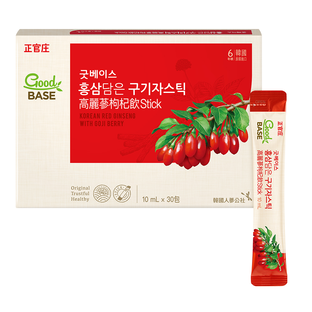 正官庄，굿베이스，홍삼담은 구기자스틱，高麗蔘枸杞飲Stick，6韓國，年原裝，굿베이스，Good, 홍삼담은 구기자스틱，高麗蔘枸杞飮Stick，10 mL x 30包，韓國人蔘公社。