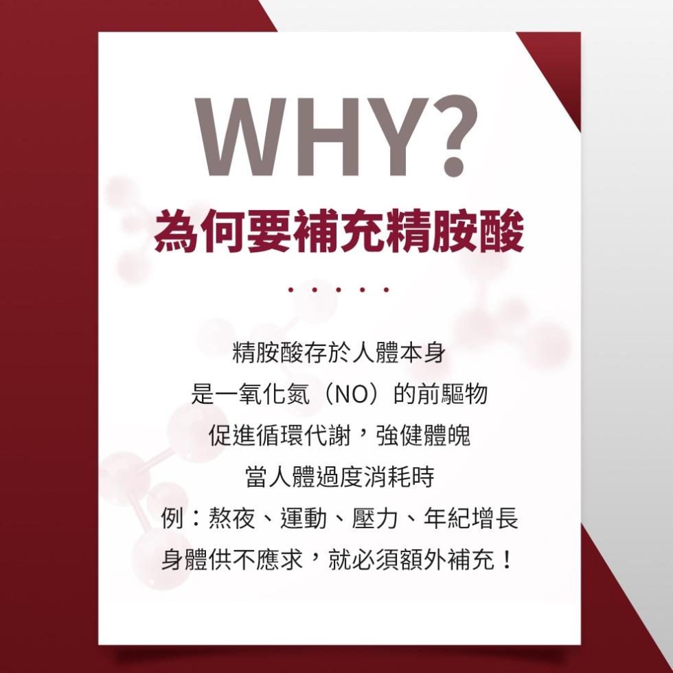 為何要補充精胺酸，精胺酸存於人體本身，是一氧化氮(NO)的前驅物，促進循環代謝,強健體魄，當人體過度消耗時，例:熬夜、運動、壓力、年紀增長，身體供不應求,就必須額外補充!。