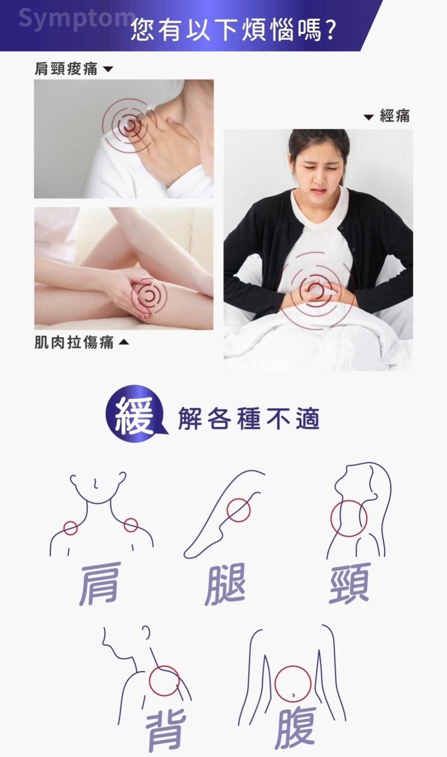 Sympton您有以下煩惱嗎?肩頸痠痛˙，肌肉拉傷痛▲，緩解各種不適，腿 頸。