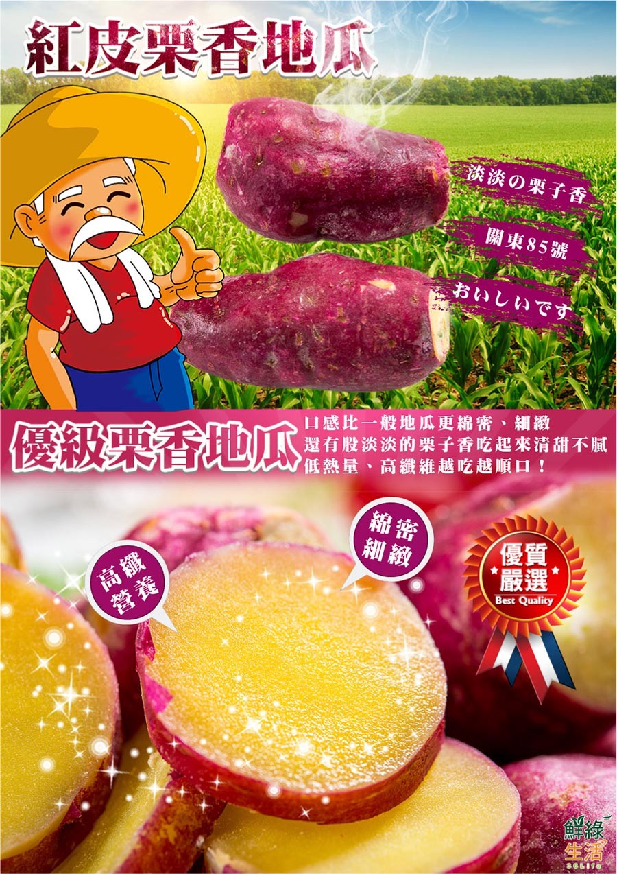 紅皮栗香地瓜，淡淡の栗子香，關東85號，おいしいです，優級票香地瓜，口感比一般地瓜更綿密、 細緻，還有股淡淡的栗子香吃起來清甜不膩，低熱量、高纖維越吃越順口 !嚴選”。