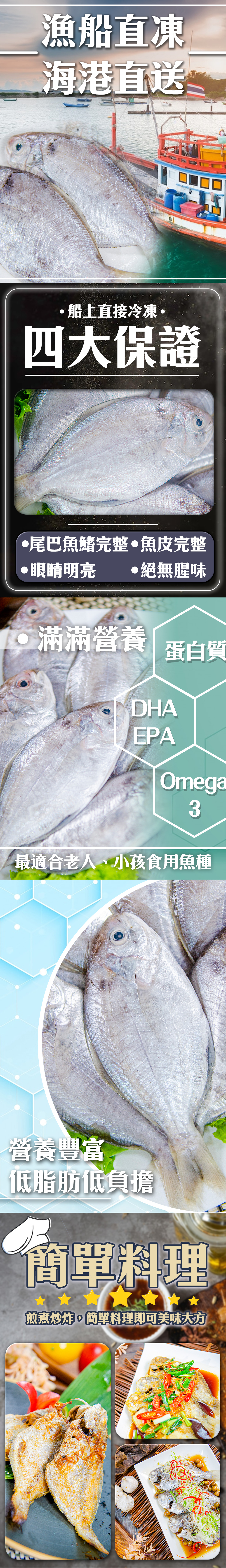 漁船直凍，海港直送，·船上直接冷凍·，四大保證，●尾巴魚鰭完整‧魚皮完整，●眼睛明亮 ●絕無腥味，滿滿營養，蛋白質，營養豐富，低脂肪低負擔，最適合老人、小孩食用魚種，簡單料理，煎煮炒炸。簡單料理即可美味大方。