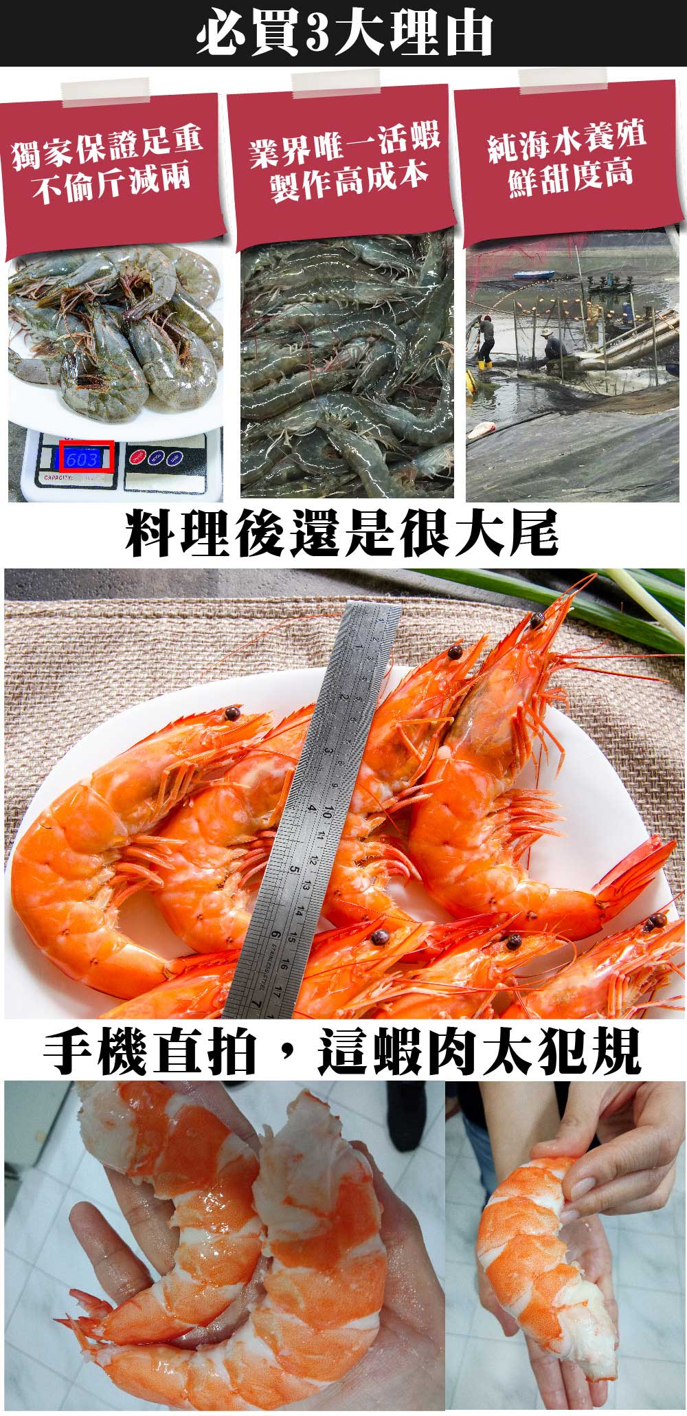 獨家保證足重，不偷斤減兩，必買3大理由，業界唯一活蝦，製作高成本，純海水養殖，鮮甜度高，料理後還是很大尾，手機直拍,這蝦肉太犯規。