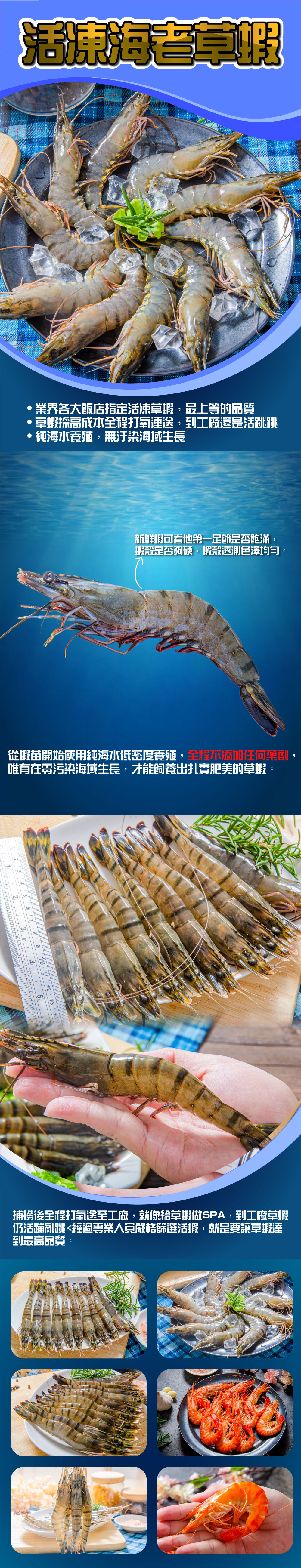 ・業界各大飯店指定活凍草蝦,最上等的品質，·草蝦採高成本全程打氧運送,到工廠還是活跳跳，純海水養殖,無汙染海域生長，從蝦苗開始使用純海水低密度養殖,全程不添加任何藥劑,唯有在零污染海域生長,才能飼養出扎實肥美的草蝦。新鮮蝦可看他第一足節是否飽滿,蝦殼