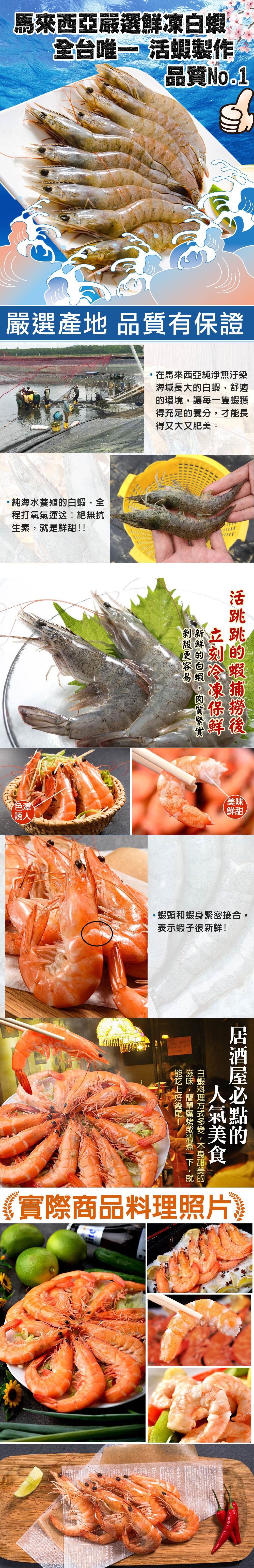 馬來西亞嚴選鮮凍白蝦，全台唯一 活蝦製作，品質No.1，嚴選產地 品質有保證，·純海水養殖的白蝦,全，程打氧氣運送!絕無抗，生素,就是鮮甜!!在馬來西亞純淨無汙染，海域長大的白蝦,舒適，的環境,讓每一隻蝦獲，得充足的養分,才能長，得又大又肥美。活跳跳