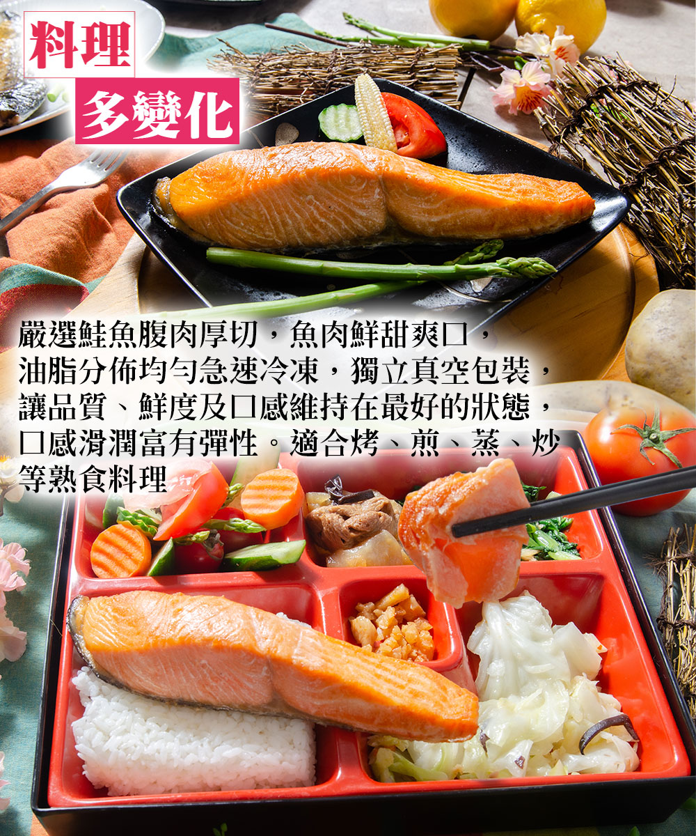多變化，嚴選鮭魚腹肉厚切,魚肉鮮甜爽口，油脂分佈均勻急速冷凍,獨立真空包裝，讓品質、鮮度及口感維持在最好的狀態,口感滑潤富有彈性。適合烤、煎、蒸、炒，等熟食料理。