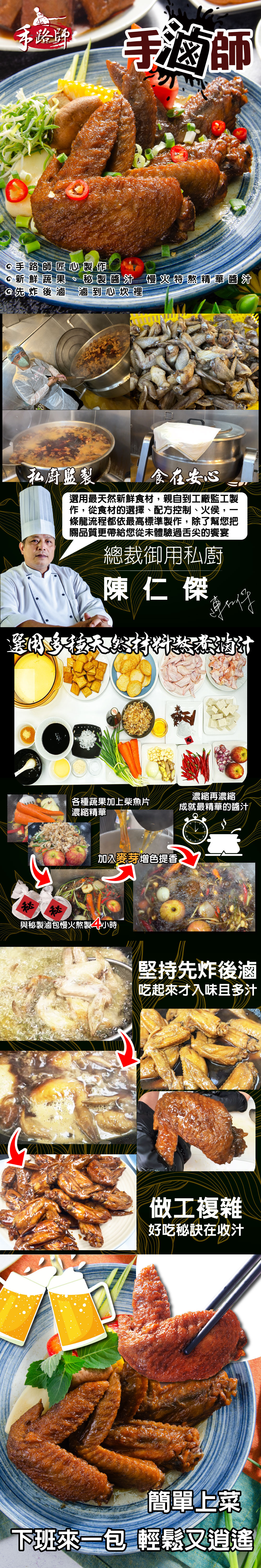 和路牌,手滷師,©手路師匠心製作,◎新鮮蔬果、秘製醬汁慢火特熬精華醬汁,0先炸後滷滷到心坎裡,私廚監製,食在安心,選用最天然新鮮食材,親自到工廠監工製,作,從食材的選擇、配方控制、火侯,條龍流程都依最高標準製作,除了幫您把,關品質更帶給您從未體驗過舌