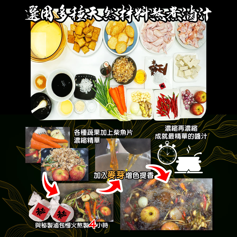 選用多拉天然材料热蒸滷汁，各種蔬果加上柴魚片，濃縮精華，濃縮再濃縮，成就最精華的醬汁/，加入麥芽增色提香，與秘製滷包慢火熬製一小時。
