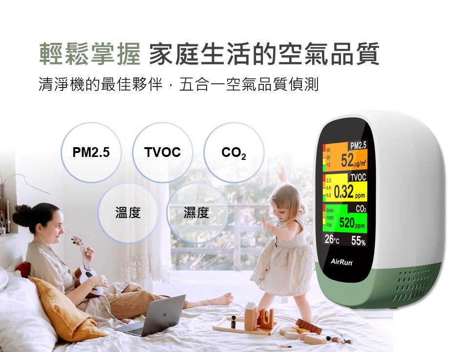 輕鬆掌握 家庭生活的空氣品質，清淨機的最佳夥伴,五合一空氣品質偵測，シング，€0.32，26°c 55%。