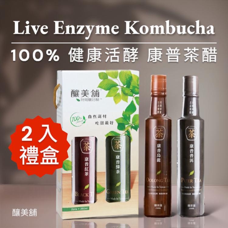 免運!【釀美舖】1組2入 康普茶 2瓶裝禮盒（普洱／烏龍／紅茶／綠茶）活酵益菌康普茶 250ml （濃縮）