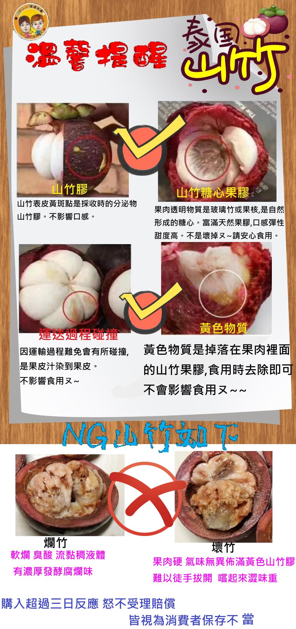 温馨提醒,山竹膠,山竹表皮黃斑點是採收時的分泌物,山竹膠。不影響口感。軟爛 臭酸 流黏稠液體,有濃厚發酵腐爛味,購入超過三日反應 恕不受理賠償,山竹糖心果膠,果肉透明物質是玻璃竹或果核,是自然,形成的糖心。富滿天然果膠,口感彈性,甜度高。不是壞掉ㄡ~