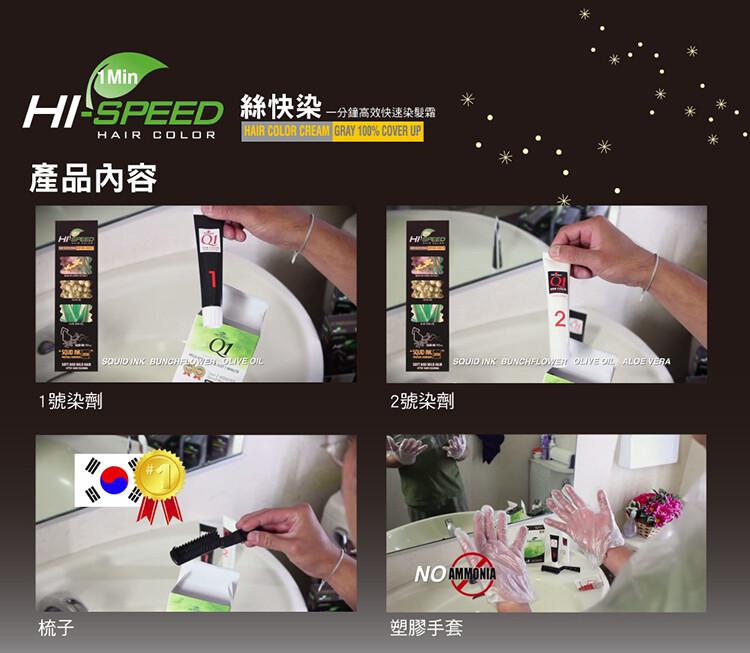 HI-SPEED 絲快染-分鐘高效快速染髮霜，產品內容，1號染劑，2號染劑，塑膠手套。