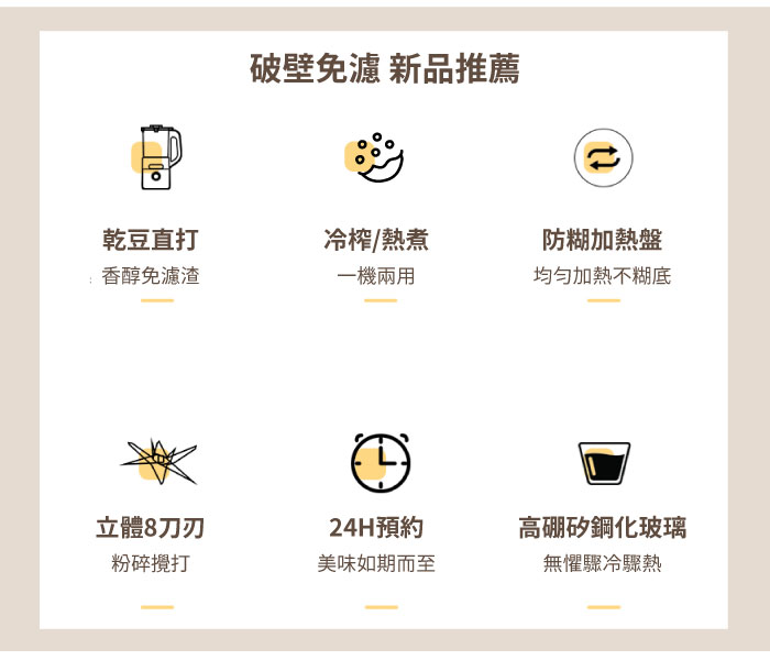 破壁免濾 新品推薦，乾豆直打，冷榨/熱煮，防糊加熱盤，香醇免濾渣，一機兩用，均匀加熱不糊底，立體8刀刃，24H預約，高硼矽鋼化玻璃，粉碎攪打，美味如期而至，無懼驟冷驟熱。
